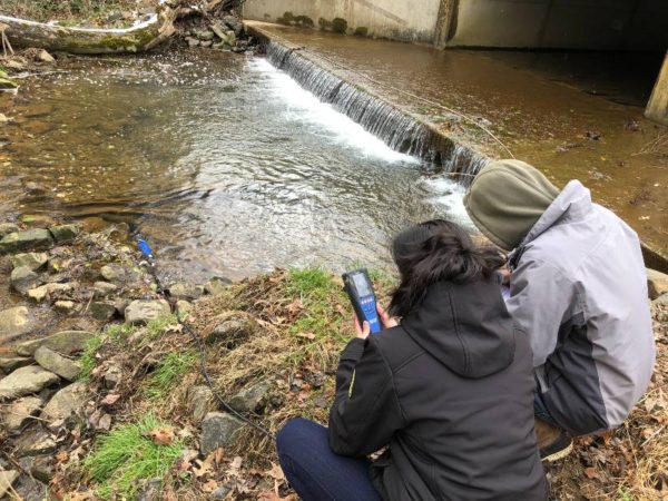 steph and nick use the YSI to test water quality