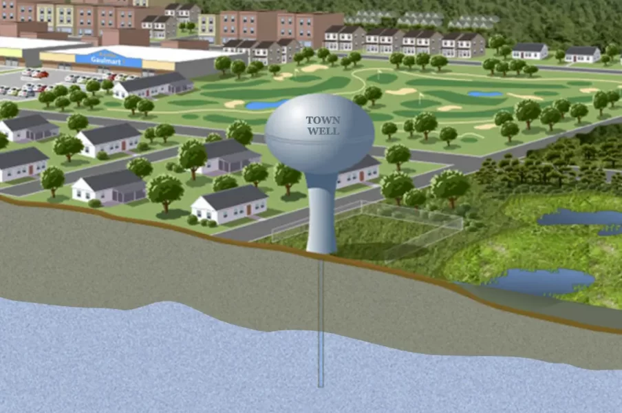illustration of cross-section of the aquifer with town and buildings on land surface